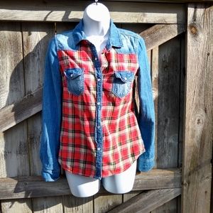 Vanilla Star Flannel Denim Mixed Media Shirt Sz S